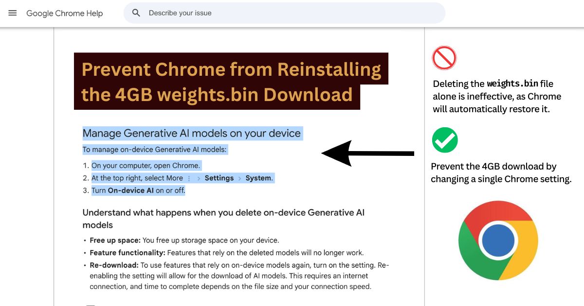 Chrome settings showing the On-device AI toggle to prevent automatic reinstallation of the 4GB Gemini Nano model